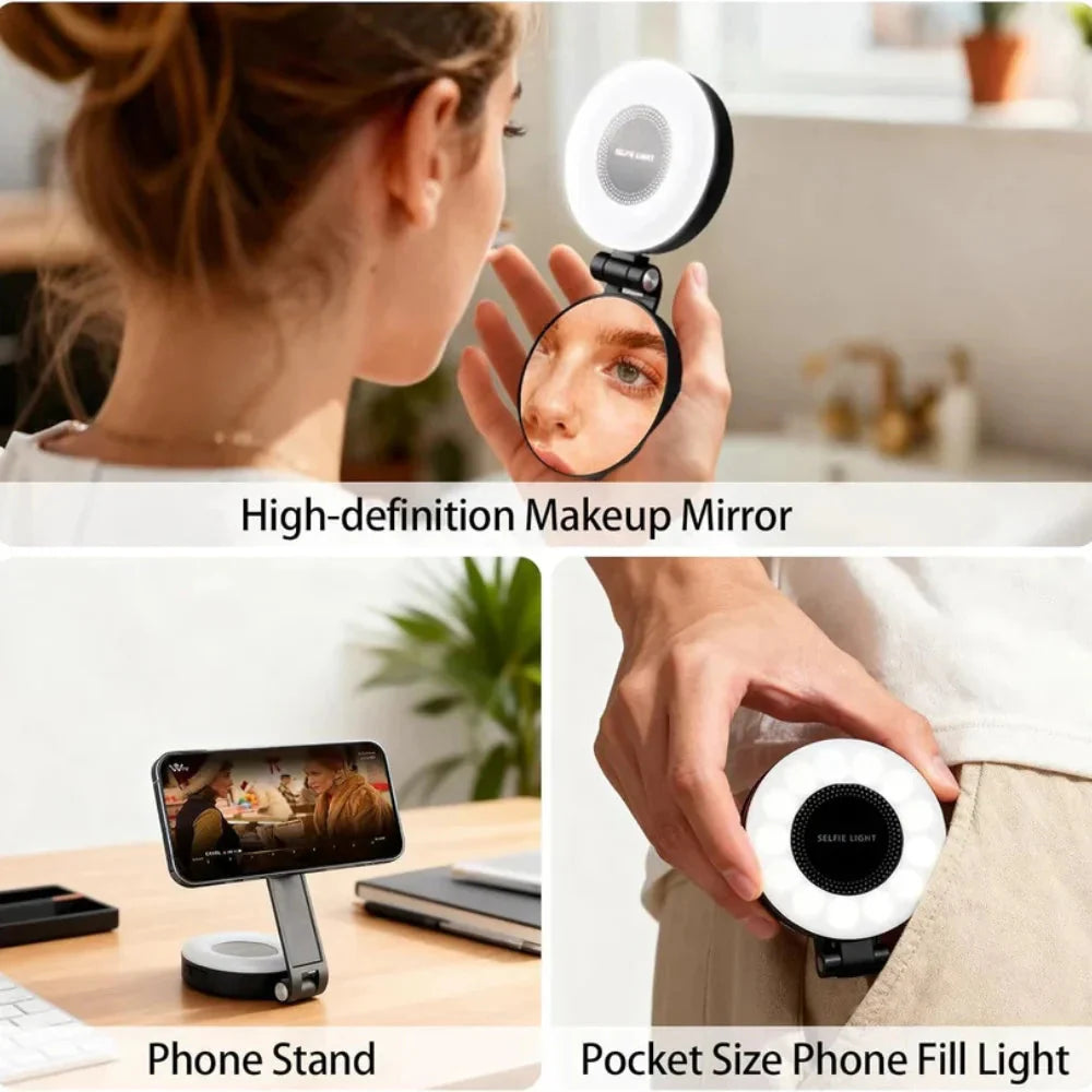 Magnetic 3-in-1 Selfie Light & Mini Clip-On Ring Light – Foldable LED with Mirror & 3 Color Temperatures