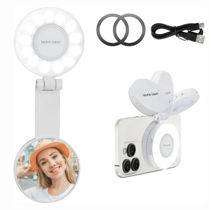 Magnetic 3-in-1 Selfie Light & Mini Clip-On Ring Light – Foldable LED with Mirror & 3 Color Temperatures